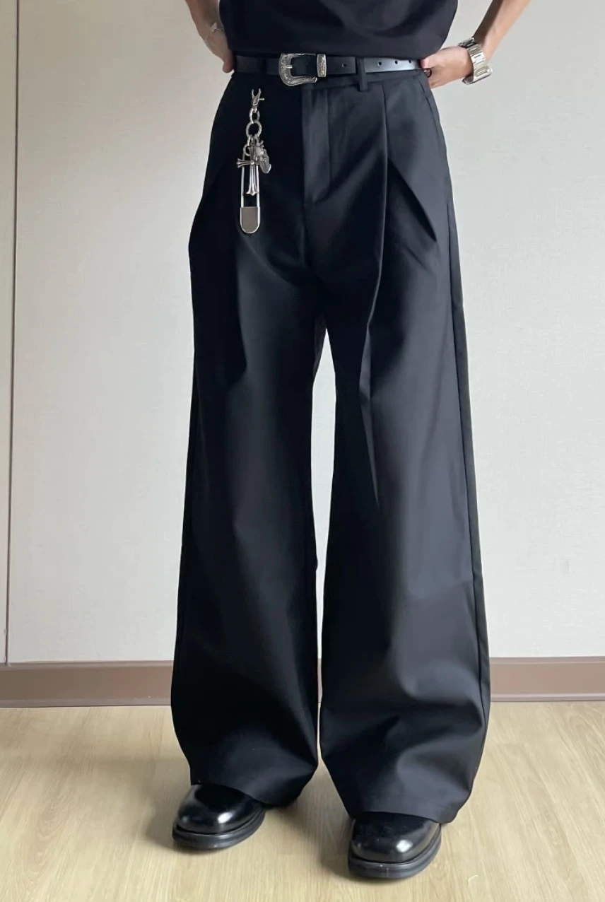 Pantalon de costume vintage plissé à jambe large en sergé pour homme, coupe ample, droit, avec braguette boutonnée, style classique